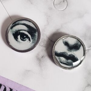NWT ANTIQUE ART ROUND EARRINGS SILVER FORNASETTI EVIL EYE PROTECTION CHARM